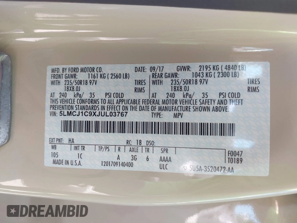 2018 Lincoln MKC Premiere with VIN 5LMCJ1C9XJUL03767, listed as a IAAI auction lot 42055927 with 39,718 mi miles and . Bid and sale history available at DreamBid. Image 9.