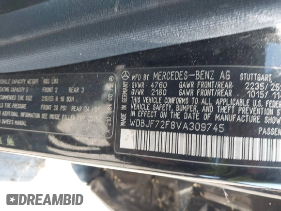 1997 Mercedes-Benz E-Class with VIN WDBJF72F8VA309745, listed as a IAAI auction lot 42119469 with 131,318 mi miles. Bid and sale history available at carsss.com. Image 9.