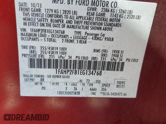 2014 Ford Taurus Limited with VIN 1FAHP2F81EG134768, listed as a Copart auction lot 50059115 with 130,227 mi miles and Salvage Title. Bid and sale history available at carsss.com. Image 12.
