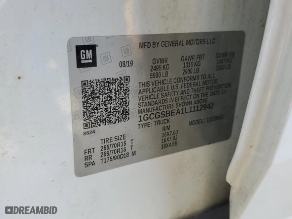 2020 Chevrolet Colorado 2WD Work Truck with VIN 1GCGSBEA1L1112942, listed as a Copart auction lot 41421395 with 105,851 mi miles and Salvage Title. Bid and sale history available at carsss.com. Image 12.