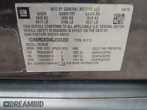 2016 Chevrolet Traverse LT with VIN 1GNKRGKD4GJ343283, listed as a IAAI auction lot 42590105 with 143,318 mi miles and . Bid and sale history available at DreamBid. Image 9.