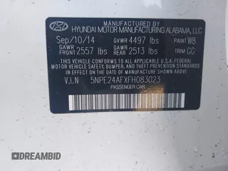 2015 Hyundai Sonata SE with VIN 5NPE24AFXFH083023, listed as a IAAI auction lot 41428991 with 55,288 mi miles and . Bid and sale history available at DreamBid. Image 9.