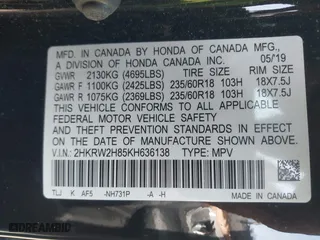 2019 Honda CR-V EX-L with VIN 2HKRW2H85KH636138, listed as a IAAI auction lot 41774049 with 49,586 mi miles. Bid and sale history available at carsss.com. Image 9.