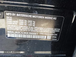 2019 BMW 5 Series 530e iPerformance with VIN WBAJA9C53KB388861, listed as a IAAI auction lot 41621712 with 68,128 mi miles. Bid and sale history available at carsss.com. Image 9.