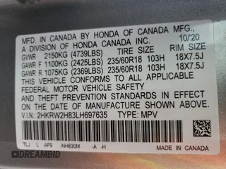 2020 Honda CR-V EX-L with VIN 2HKRW2H83LH697635, listed as a Copart auction lot 53041732 with 20,475 mi miles. Bid and sale history available at carsss.com. Image 10.