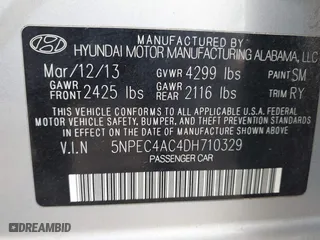 2013 Hyundai Sonata SE with VIN 5NPEC4AC4DH710329, listed as a IAAI auction lot 41849429 with 104,607 mi miles. Bid and sale history available at carsss.com. Image 9.