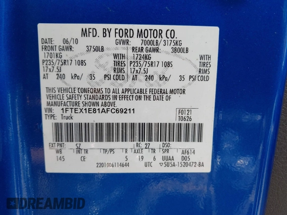 2010 Ford F-150 XL with VIN 1FTEX1E81AFC69211, listed as a IAAI auction lot 42678267 with 174,127 mi miles and . Bid and sale history available at DreamBid. Image 9.