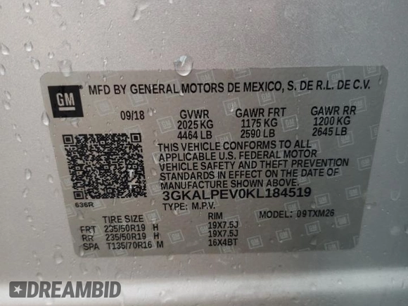2019 GMC Terrain SLT with VIN 3GKALPEV0KL184519, listed as a Copart auction lot 44313905 with 123,026 mi miles and Salvage Title. Bid and sale history available at DreamBid. Image 14.