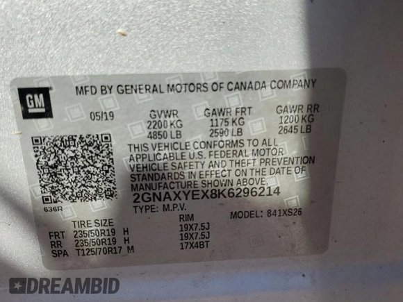 2019 Chevrolet Equinox Premier with VIN 2GNAXYEX8K6296214, listed as a Copart auction lot 46095905 with 112,743 mi miles and Salvage Title. Bid and sale history available at carsss.com. Image 13.
