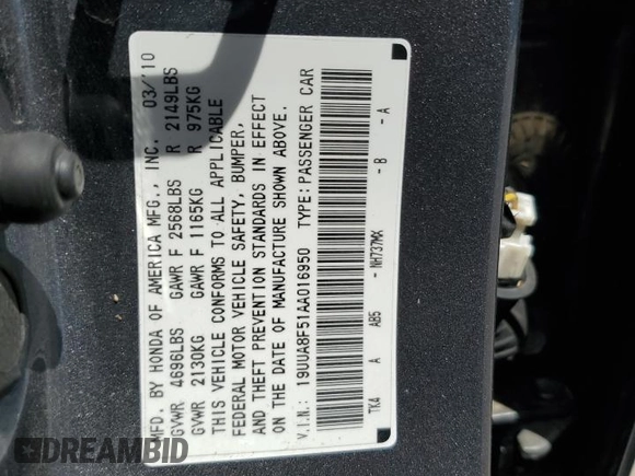 2010 Acura TL Tech with VIN 19UUA8F51AA016950, listed as a Copart auction lot 52328725 with 178,214 mi miles and Non Repairable. Bid and sale history available at carsss.com. Image 12.