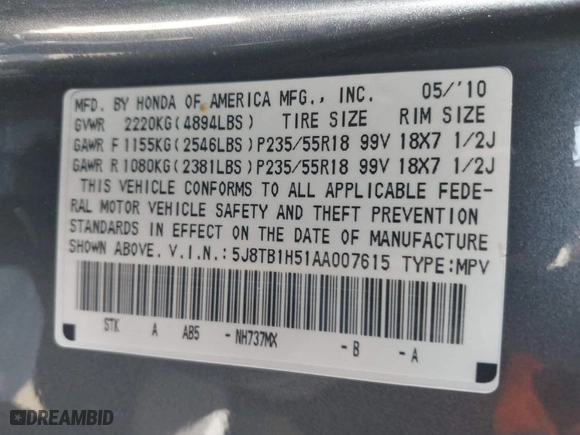 2010 Acura RDX Tech Pkg with VIN 5J8TB1H51AA007615, listed as a IAAI auction lot 41978125 with 165,492 mi miles. Bid and sale history available at carsss.com. Image 9.