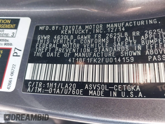 2015 Toyota Camry XLE with VIN 4T1BF1FK2FU014159, listed as a IAAI auction lot 41678454 with 126,113 mi miles and . Bid and sale history available at DreamBid. Image 9.