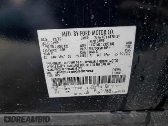 2016 Ford Explorer Limited with VIN 1FM5K7F89GGB87094, listed as a Copart auction lot 54268605 with 187,378 mi miles and Clean Title. Bid and sale history available at DreamBid. Image 12.