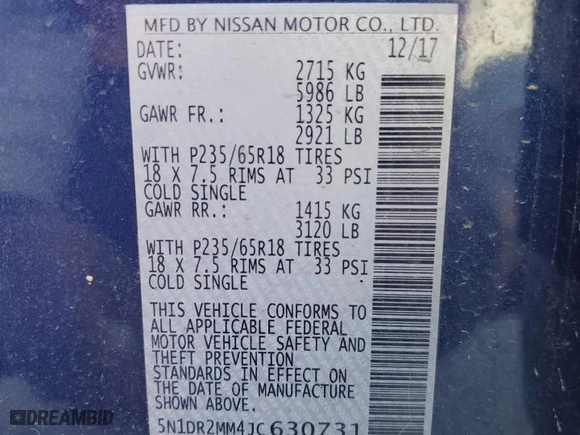 2018 Nissan Pathfinder SV with VIN 5N1DR2MM4JC630731, listed as a Copart auction lot 51761675 with 57,707 mi miles and Salvage Title. Bid and sale history available at carsss.com. Image 13.