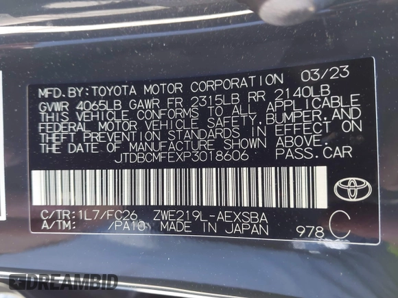 2023 Toyota Corolla Hybrid LE with VIN JTDBCMFEXP3018606, listed as a IAAI auction lot 41857107 with 46,038 mi miles. Bid and sale history available at carsss.com. Image 9.