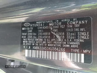 2019 Hyundai Kona Limited with VIN KM8K33A51KU384244, listed as a IAAI auction lot 42779449 with 61,195 mi miles and . Bid and sale history available at DreamBid. Image 9.