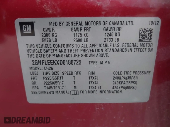 2013 Chevrolet Equinox LT with VIN 2GNFLEEKXD6186725, listed as a IAAI auction lot 42151135 with 126,646 mi miles and . Bid and sale history available at DreamBid. Image 9.