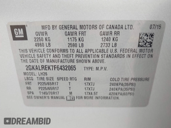 2015 GMC Terrain SLE with VIN 2GKALREK7F6432065, listed as a IAAI auction lot 42134039 with 162,840 mi miles and . Bid and sale history available at carsss.com. Image 9.