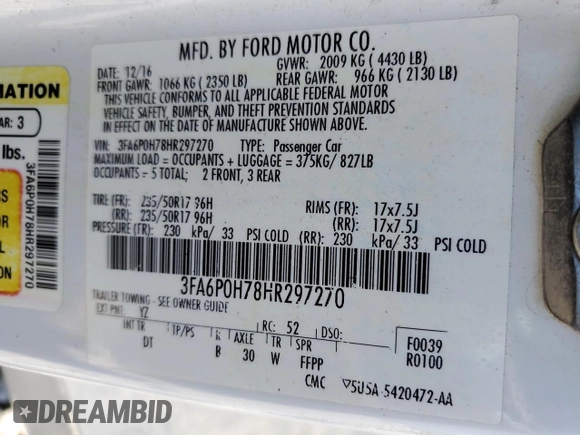 2017 Ford Fusion SE с VIN 3FA6P0H78HR297270, выставлен на аукционе Copart как лот 53553895 с пробегом 143 994 миль миль и Списание • Salvage title. История ставок и продаж доступна на DreamBid. Изображение 12.