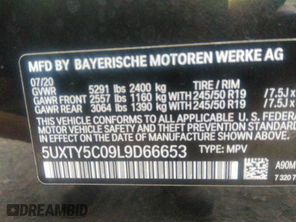 2020 BMW X3 xDrive30i with VIN 5UXTY5C09L9D66653, listed as a IAAI auction lot 40030845 with 38,965 mi miles and . Bid and sale history available at DreamBid. Image 9.