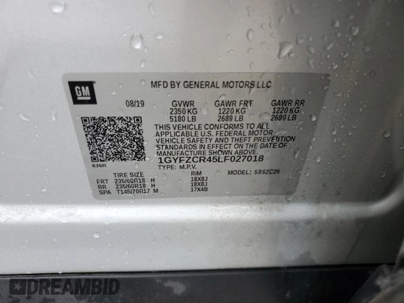 2020 Cadillac XT4 FWD Premium Luxury with VIN 1GYFZCR45LF027018, listed as a Copart auction lot 55537625 with 98,651 mi miles and Salvage title. Bid and sale history available at DreamBid. Image 13.