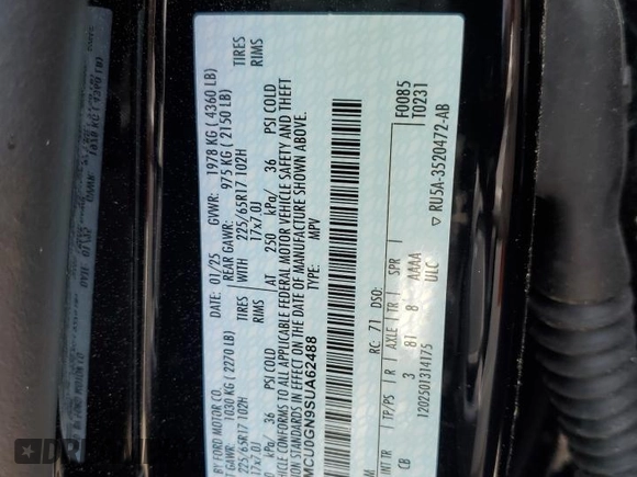 2025 Ford Escape Active z VIN 1FMCU0GN9SUA62488, wystawiony jako Copart lot #59125075 z przebiegiem Nie podano mil oraz Nie do naprawy • Non repairable. Historia ofert i sprzedaży dostępna na DreamBid. Obrazek 12.