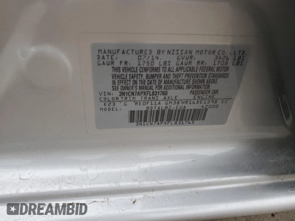 2015 Nissan Versa SV with VIN 3N1CN7APXFL831765, listed as a Copart auction lot 54522715 with 124,328 mi miles and Salvage title. Bid and sale history available at DreamBid. Image 12.