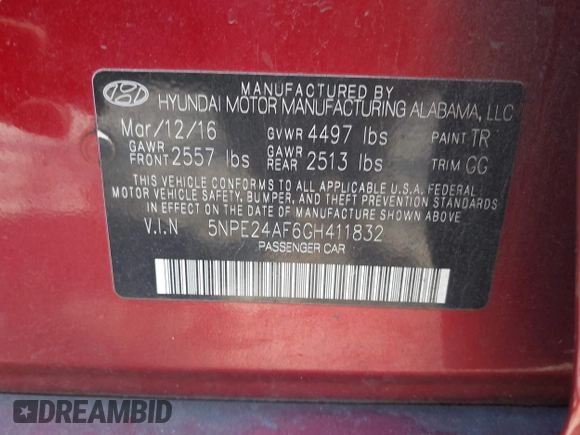 2016 Hyundai Sonata 2.4L with VIN 5NPE24AF6GH411832, listed as a IAAI auction lot 41918113 with 195,783 mi miles and . Bid and sale history available at DreamBid. Image 9.