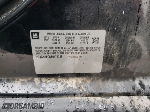 2011 Buick Regal CXL RL1 with VIN 2G4GN5EC8B9174743, listed as a Copart auction lot 82770354 with 131,038 mi miles and Salvage Title. Bid and sale history available at DreamBid. Image 15.