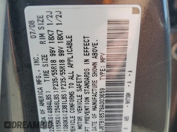 2009 Acura RDX Technology z VIN 5J8TB18579A003659, wystawiony jako Copart lot #58655495 z przebiegiem 248 576 mil mil oraz Czysty tytuł • Clean title. Historia ofert i sprzedaży dostępna na DreamBid. Obrazek 13.