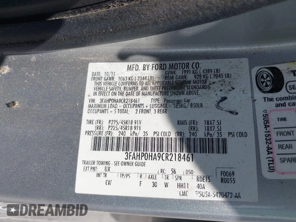 2012 Ford Fusion SE with VIN 3FAHP0HA9CR218461, listed as a IAAI auction lot 42315027 with 192,086 mi miles and . Bid and sale history available at DreamBid. Image 9.