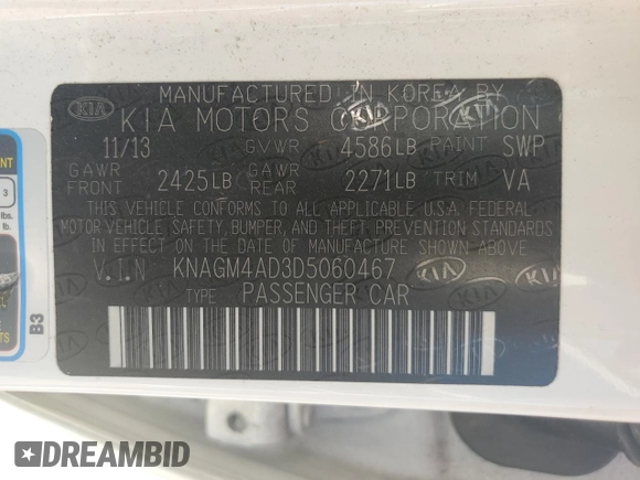 2013 Kia Optima Hybrid LX with VIN KNAGM4AD3D5060467, listed as a Copart auction lot 76614304 with 152,389 mi miles and Salvage Title. Bid and sale history available at carsss.com. Image 12.