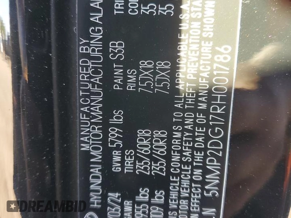 2024 Hyundai Santa Fe Hybrid SEL with VIN 5NMP2DG17RH001786, listed as a Copart auction lot 58063684 with 4,803 mi miles and Salvage Title. Bid and sale history available at carsss.com. Image 15.