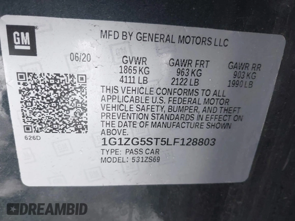 2020 Chevrolet Malibu RS with VIN 1G1ZG5ST5LF128803, listed as a IAAI auction lot 41148439 with 35,643 mi miles and . Bid and sale history available at DreamBid. Image 9.