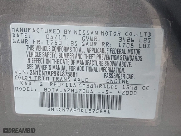 2019 Nissan Versa Sedan SV with VIN 3N1CN7AP9KL875881, listed as a IAAI auction lot 41734287 with 61,740 mi miles. Bid and sale history available at carsss.com. Image 9.