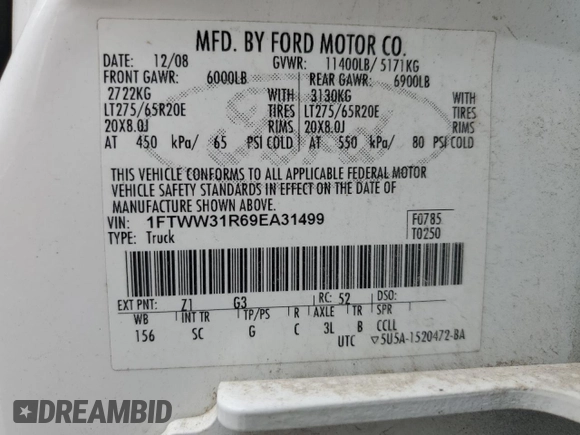 2009 Ford F-350 XL с VIN 1FTWW31R69EA31499, выставлен на аукционе Copart как лот 55143895 с пробегом 215 301 миль миль и Списание • Salvage title. История ставок и продаж доступна на DreamBid. Изображение 12.