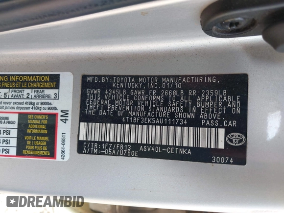 2010 Toyota Camry with VIN 4T1BF3EK5AU111734, listed as a IAAI auction lot 42078769 with 313,390 mi miles and . Bid and sale history available at DreamBid. Image 9.