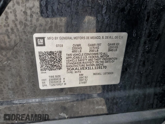 2020 GMC Terrain SLT z VIN 3GKALVEX1LL119170, wystawiony jako Copart lot #56666365 z przebiegiem 126 575 mil mil oraz Nie do naprawy • Non repairable. Historia ofert i sprzedaży dostępna na DreamBid. Obrazek 13.