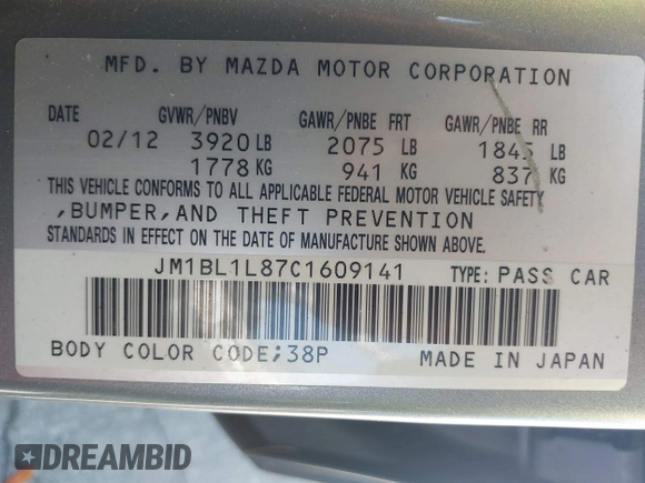 2012 Mazda Mazda3 i Touring with VIN JM1BL1L87C1609141, listed as a IAAI auction lot 41871418 with 125,253 mi miles. Bid and sale history available at carsss.com. Image 9.