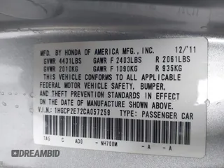 2012 Honda Accord EX with VIN 1HGCP2E72CA057259, listed as a IAAI auction lot 41367957 with 121,585 mi miles and . Bid and sale history available at DreamBid. Image 9.