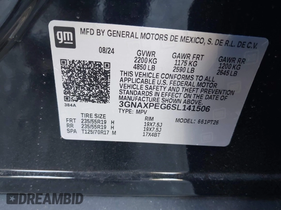 2025 Chevrolet Equinox AWD LT with VIN 3GNAXPEG6SL141506, listed as a IAAI auction lot 41704385 with 1 mi miles. Bid and sale history available at carsss.com. Image 9.