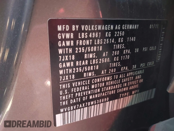 2011 Volkswagen Tiguan SE with VIN WVGBV7AX7BW538690, listed as a IAAI auction lot 41338881 with Not Provided miles and . Bid and sale history available at DreamBid. Image 9.