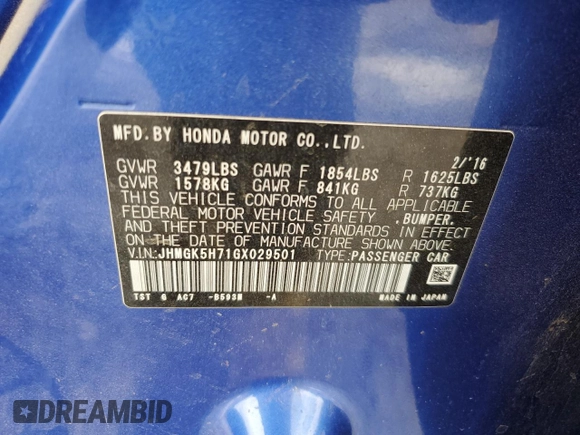 2016 Honda Fit EX with VIN JHMGK5H71GX029501, listed as a Copart auction lot 58516865 with 181,812 mi miles and Salvage title. Bid and sale history available at DreamBid. Image 12.