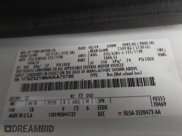 2019 Ford Transit Passenger XL with VIN 1FBZX2YM6KKA75786, listed as a IAAI auction lot 41712050 with 120,238 mi miles and . Bid and sale history available at DreamBid. Image 9.