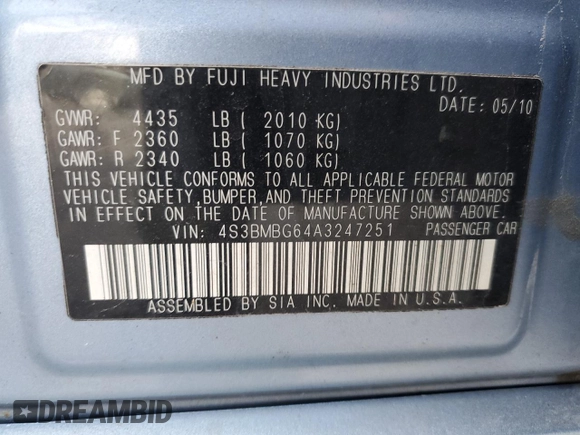 2010 Subaru Legacy Premium All-Weather Anniversary with VIN 4S3BMBG64A3247251, listed as a Copart auction lot 41462415 with 198,964 mi miles and Salvage title. Bid and sale history available at DreamBid. Image 14.