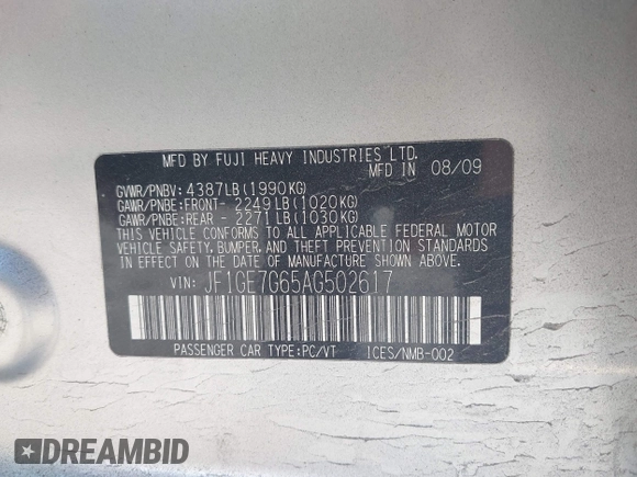 2010 Subaru WRX WRX с VIN JF1GE7G65AG502617, выставлен на аукционе IAAI как лот 41909547 с пробегом 131 957 миль миль и . История ставок и продаж доступна на DreamBid. Изображение 9.