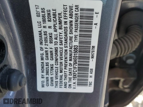 2017 Honda Civic EX-L with VIN 19XFC1F76HE015083, listed as a Copart auction lot 49513045 with 102,827 mi miles and Salvage title. Bid and sale history available at DreamBid. Image 14.