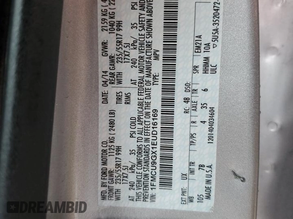 2014 Ford Escape SE with VIN 1FMCU9GX1EUD16169, listed as a Copart auction lot 52760165 with 148,179 mi miles and Clean title. Bid and sale history available at DreamBid. Image 13.