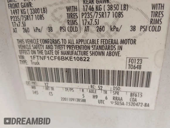 2011 Ford F-150 XL with VIN 1FTNF1CF6BKE10822, listed as a IAAI auction lot 41443960 with 245,925 mi miles and . Bid and sale history available at DreamBid. Image 9.