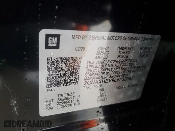 2020 Chevrolet Equinox LS z VIN 2GNAXHEV9L6232067, wystawiony jako Copart lot #59607985 z przebiegiem 66 101 mil mil oraz Szkoda całkowita • Salvage title. Historia ofert i sprzedaży dostępna na DreamBid. Obrazek 12.